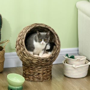 236d2aad-e128-4cc1-983c-797f999dfd12.jpg Handwoven Elevated Cat Bed – Wicker Basket House with Soft Cushion